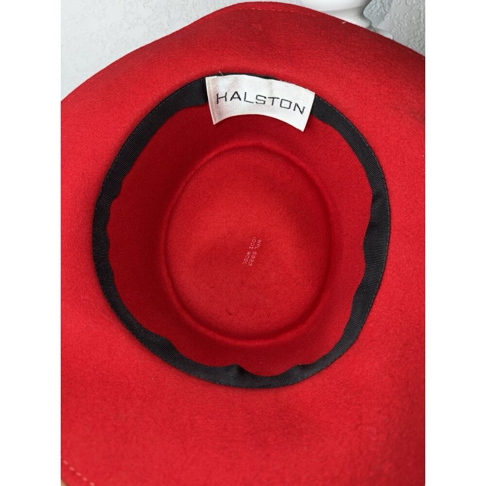 Halston Wool Red Black Bow Fedora Hat 5923 100% Wool Vintage Style Round - Picture 4 of 6